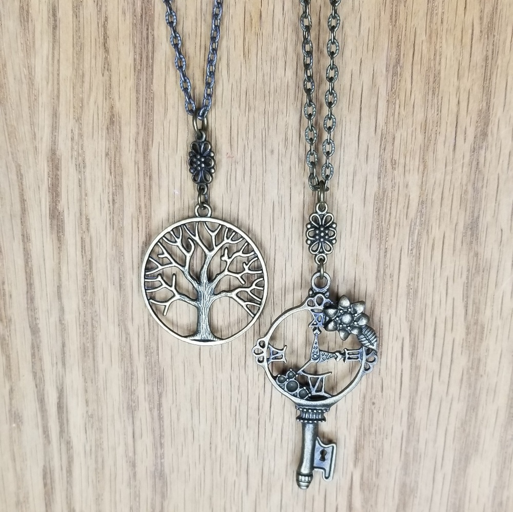 2 Boho Style Tree and Key Necklaces